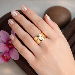 18K Gold Plated Stainless Steel Wide Cigar Band Ring Natural Shell Inlay Boho